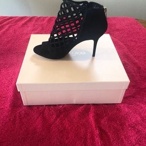 Black Suede open toe high heels. NEVER WORN!